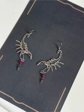 Scorpion Dangle Earrings with Ruby  Accent Beads - Scorpio jewelry goth earrings